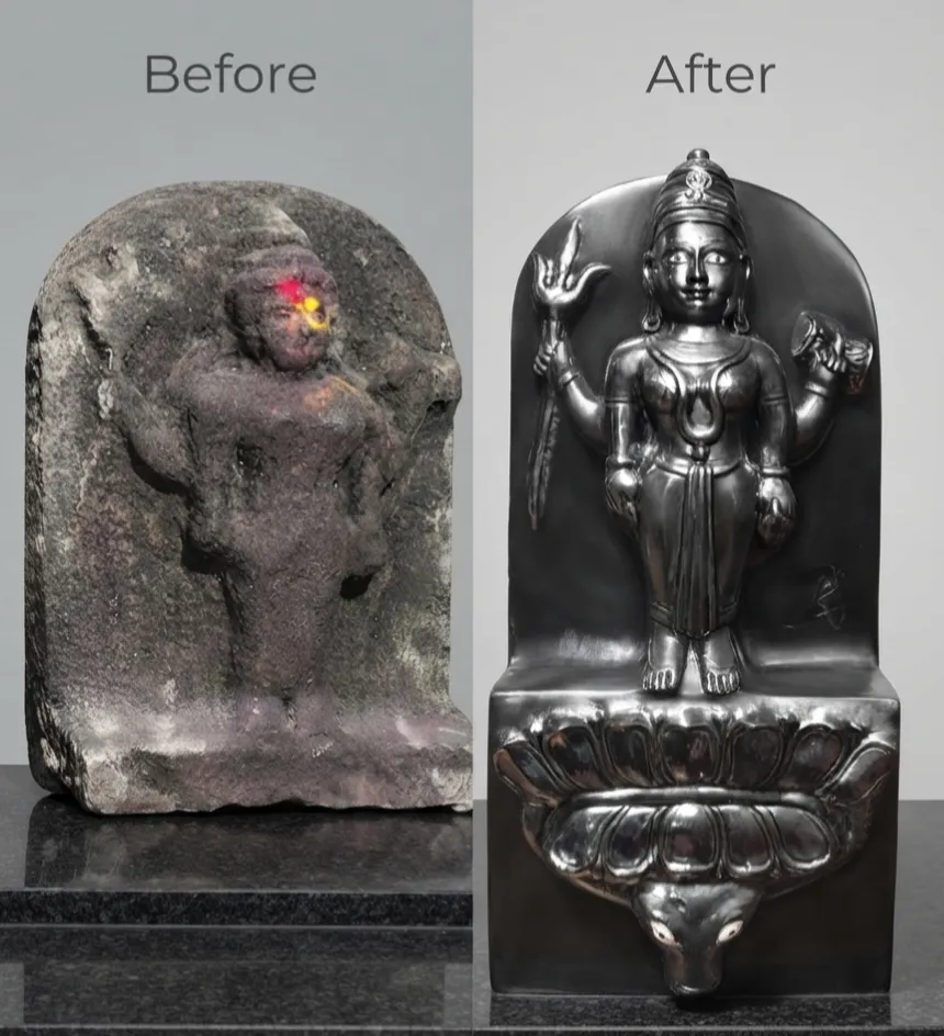 Vajralep restoration — before and after of a stone deity sculpture standing on a lotus base