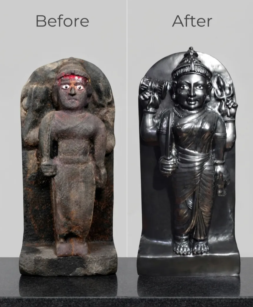 Vajralep restoration — before and after of a stone deity sculpture holding a trident