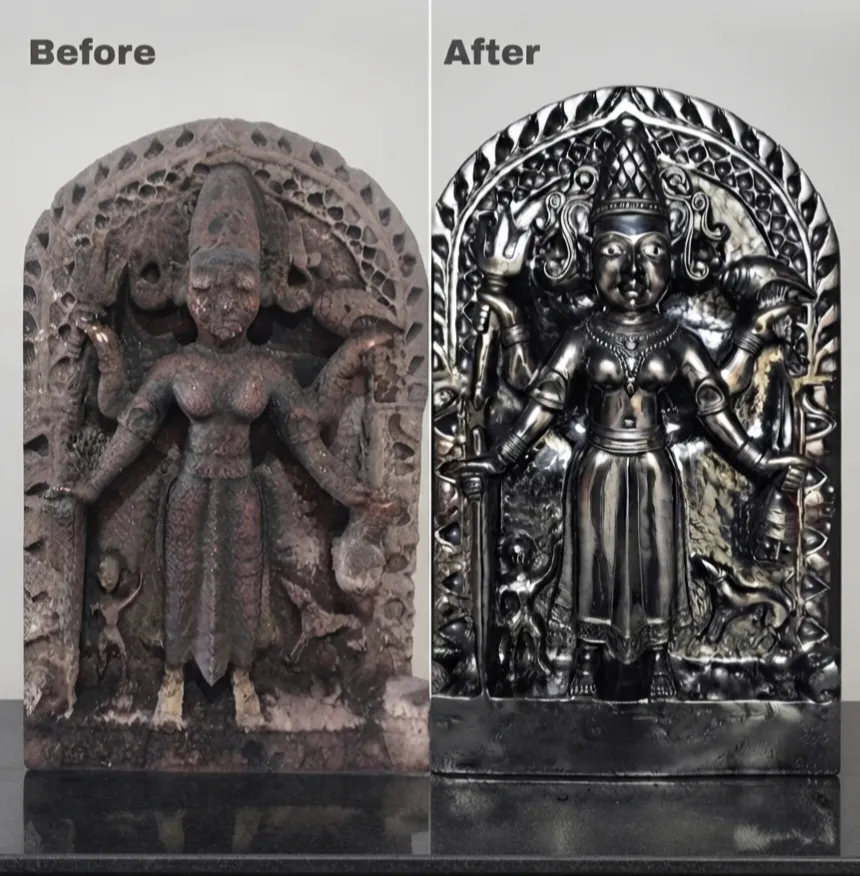 Vajralep restoration — before and after of a stone Devi relief sculpture