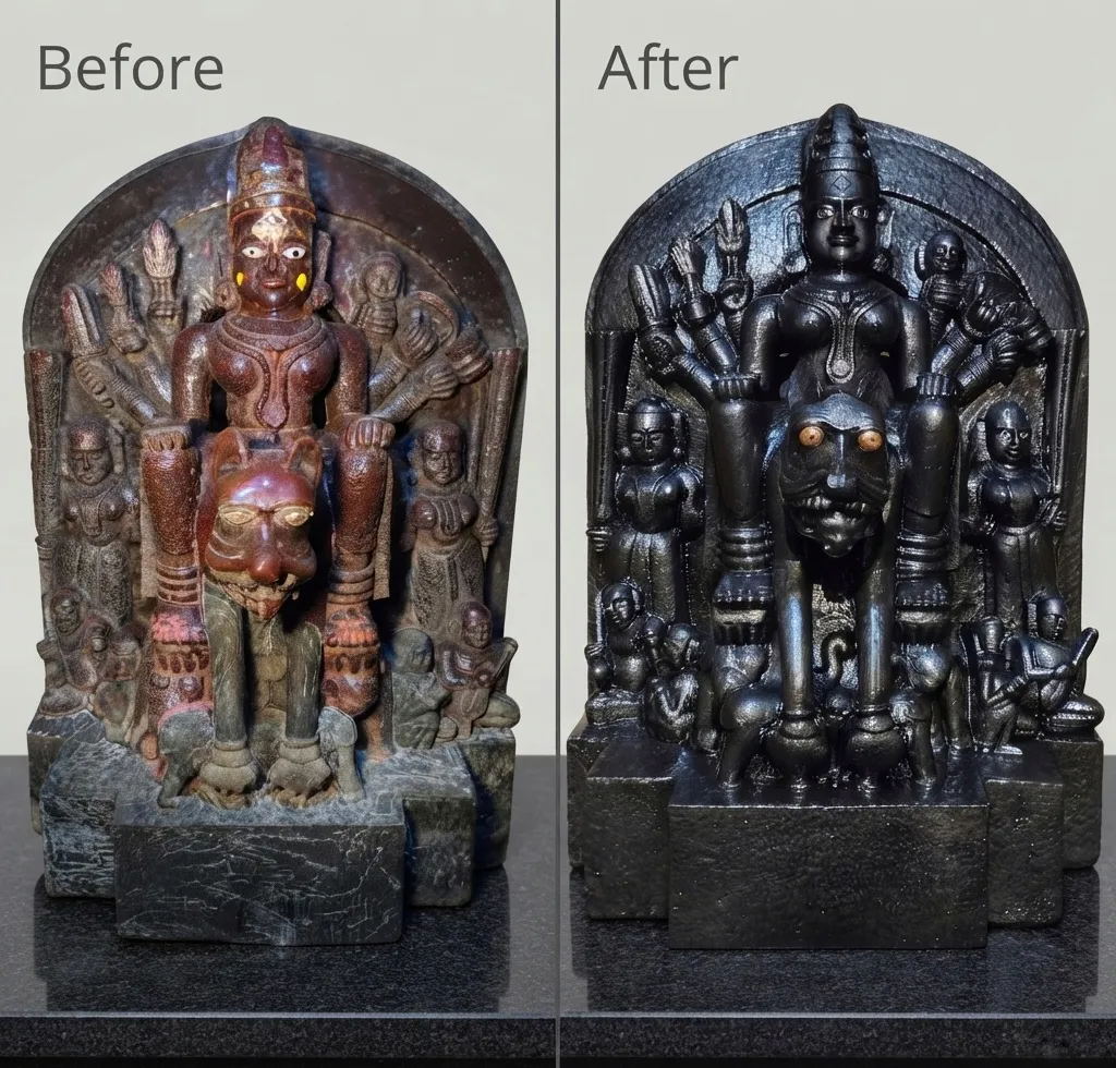 Vajralep restoration — before and after of a Devi seated on a lion throne sculpture