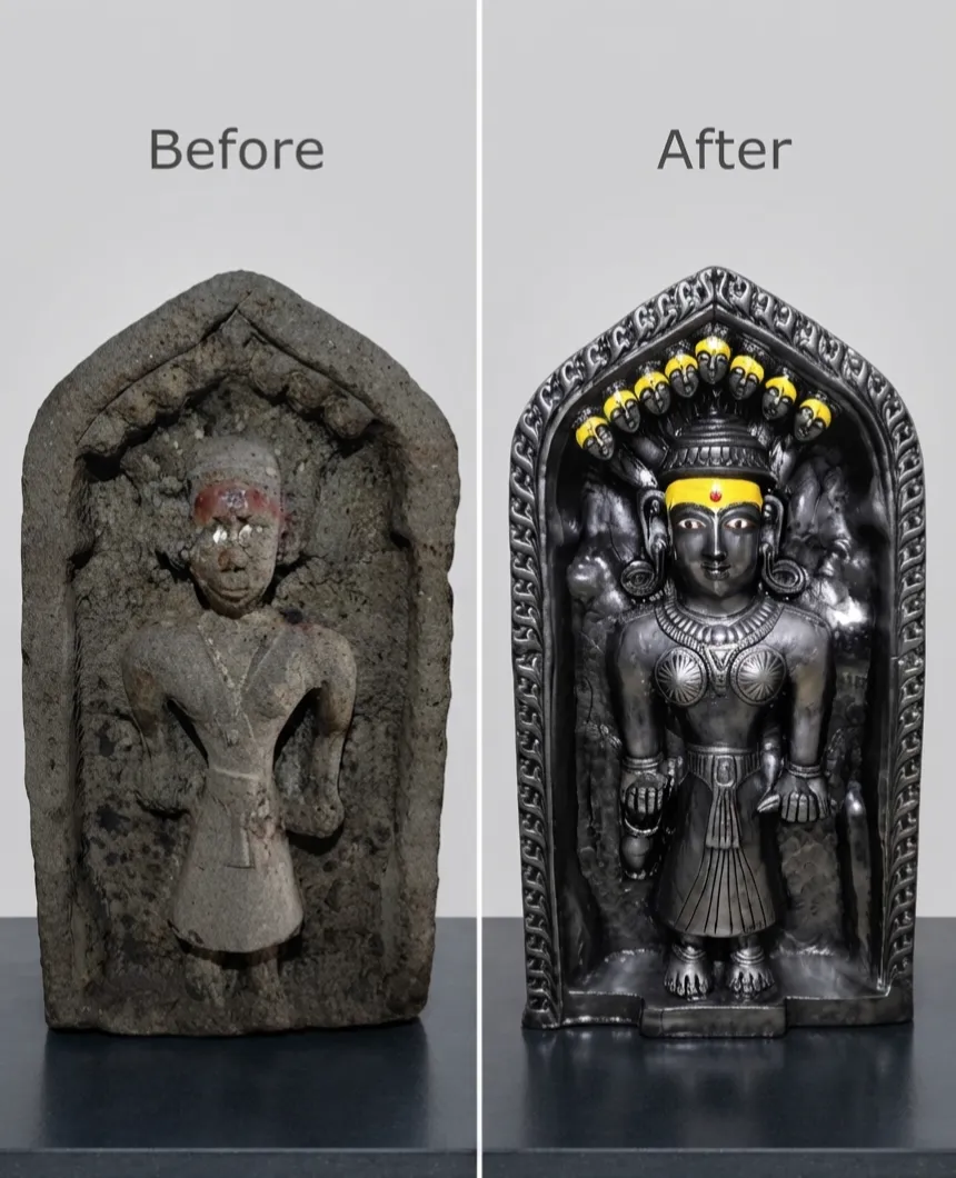 Vajralep restoration — before and after of a multi-headed Devi sculpture in a stone niche