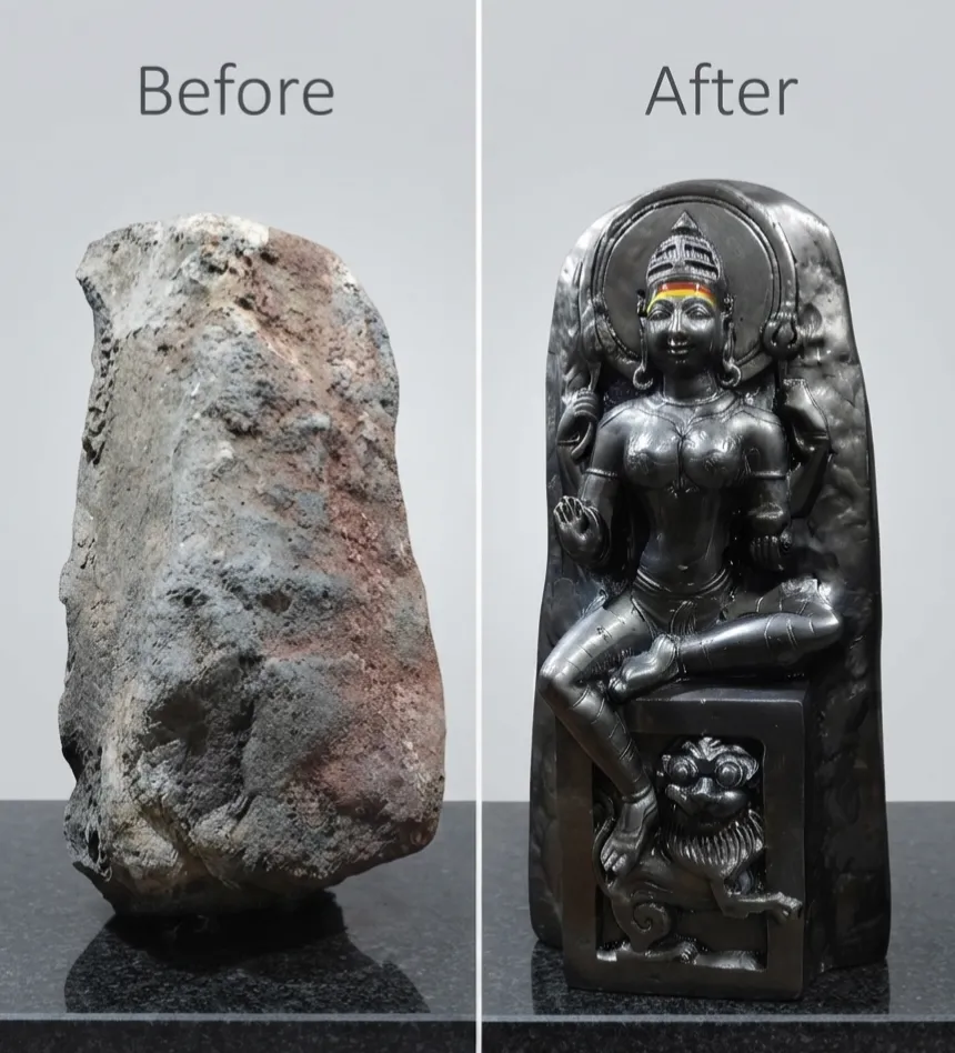 Vajralep restoration — before and after of a shapeless stone block restored into a seated Devi sculpture with a lion at her feet