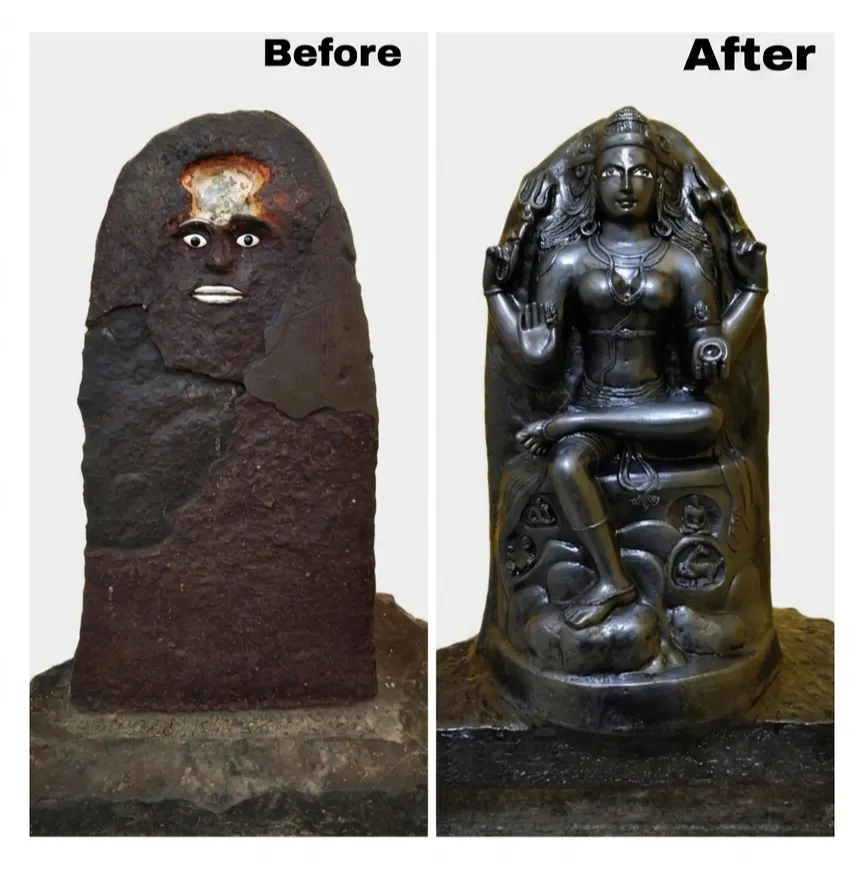 Vajralep restoration — before and after of a barely-visible stone relief restored into a seated Devi sculpture