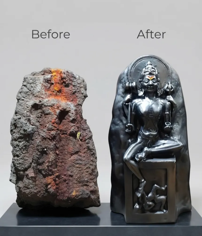 Vajralep restoration — before and after of a barely-visible stone block restored into a seated Devi sculpture