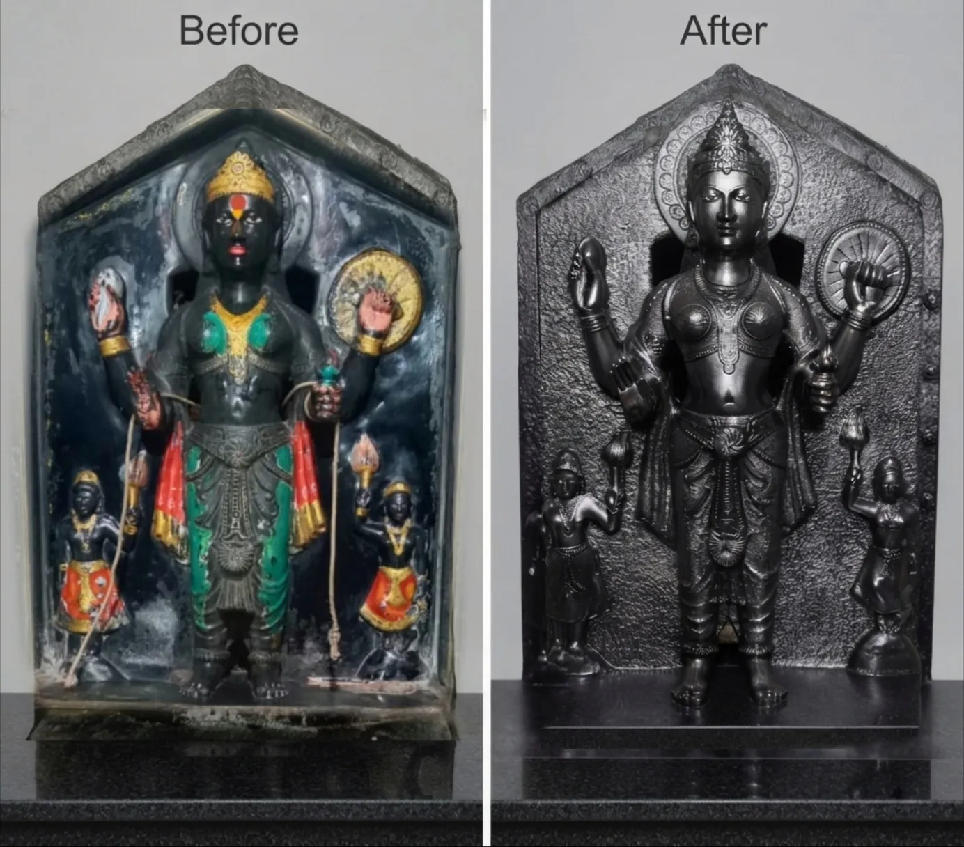 Vajralep restoration — before and after of a stone Devi shrine sculpture