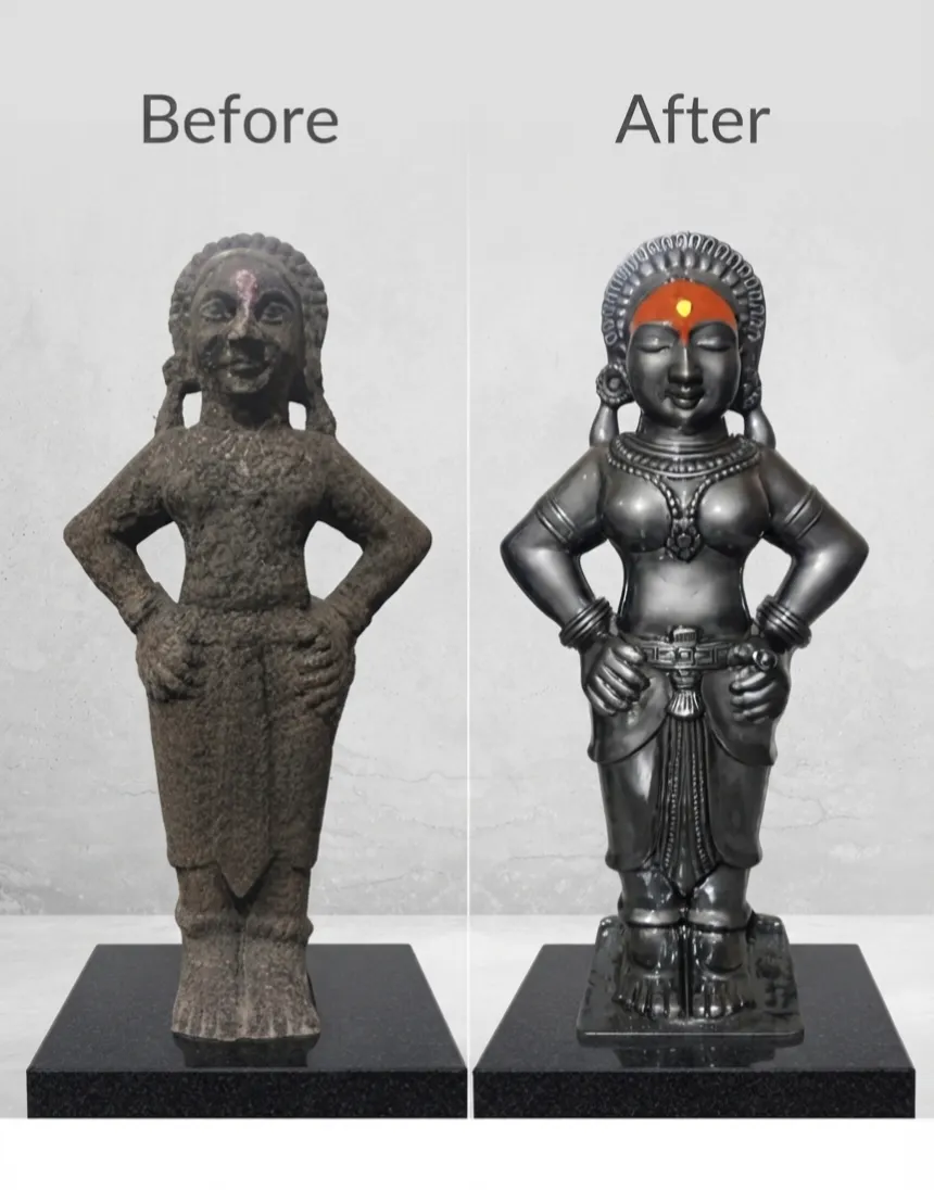 Vajralep restoration — before and after of a stone Devi sculpture, hands resting on hips