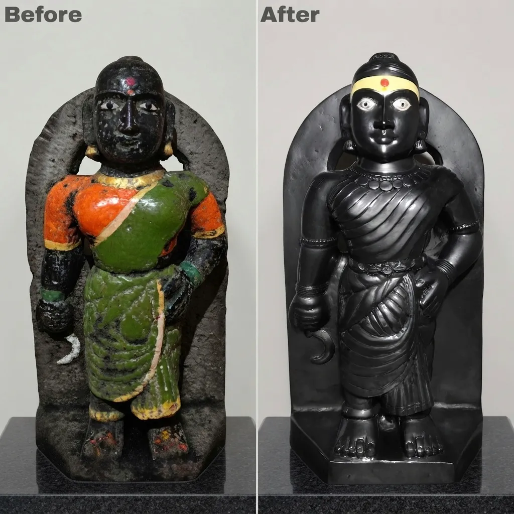 Vajralep restoration — before and after of a stone Devi relief sculpture