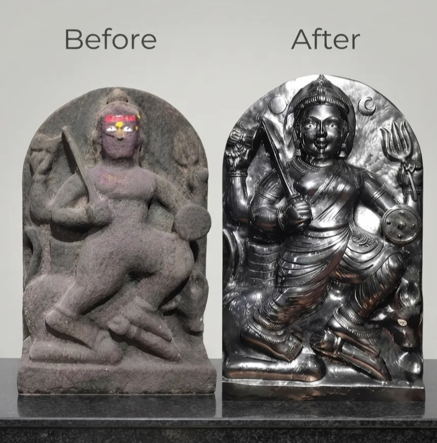 Vajralep restoration — before and after of a stone Devi sculpture holding a sword and shield