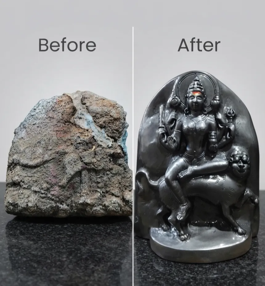 Vajralep restoration — before and after of an unrecognisable stone block restored into a Devi sculpture seated on a lion
