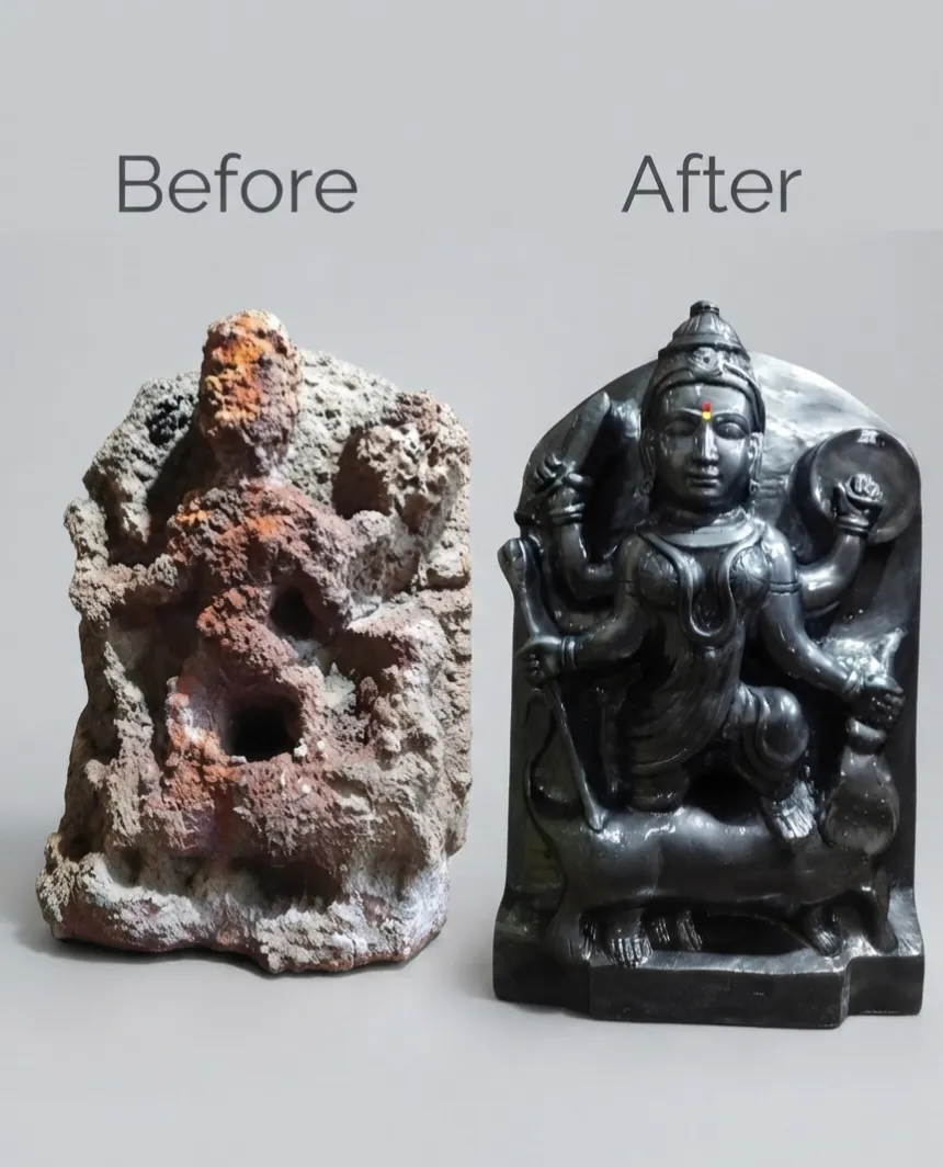 Vajralep restoration — before and after of an eroded stone block restored into a seated Durga sculpture on a lion