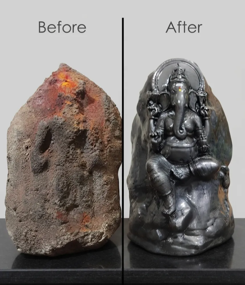 Vajralep restoration — before and after of a shapeless stone boulder restored into a seated Lord Ganesha sculpture