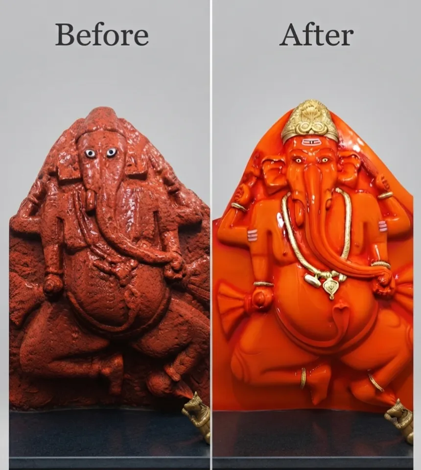 Vajralep restoration — before and after of a five-faced Lord Ganesha stone panel sculpture