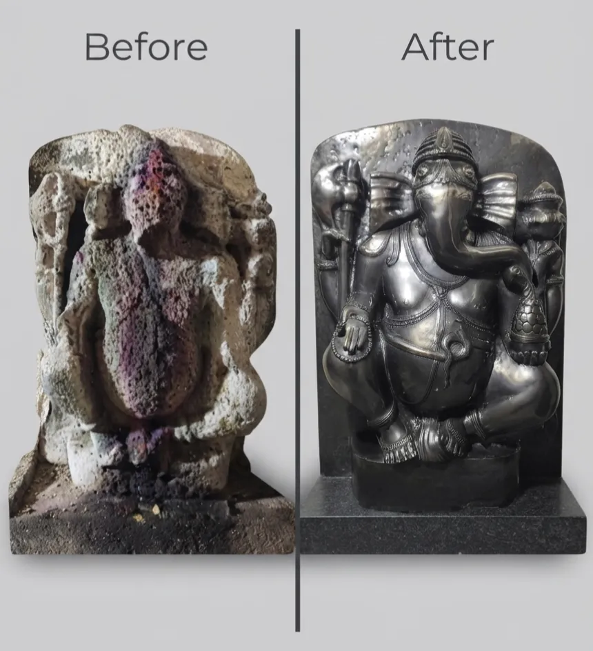 Vajralep restoration — before and after of a weathered stone Lord Ganesha panel sculpture