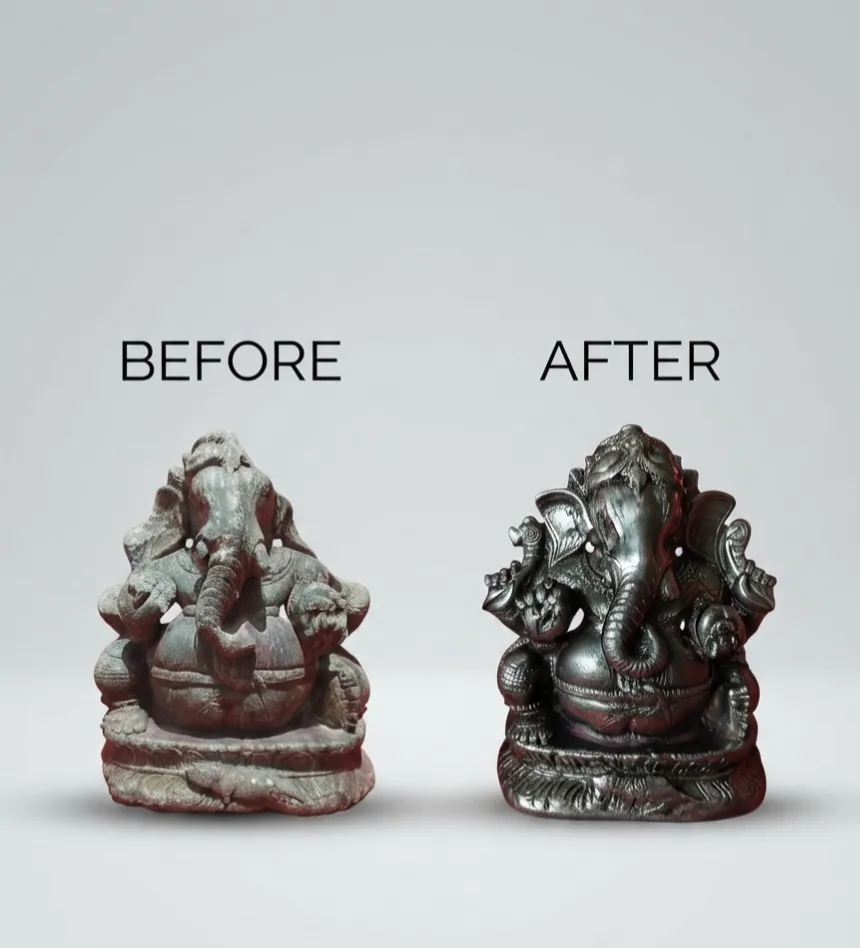 Vajralep restoration — before and after of a small Lord Ganesha sculpture restored to a silver-like finish