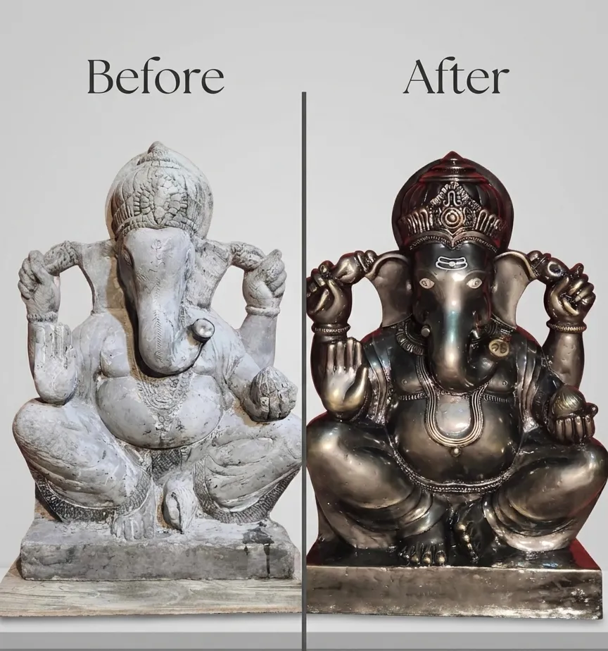 Vajralep restoration — before and after of a seated Lord Ganesha stone sculpture restored to a bronze-like finish