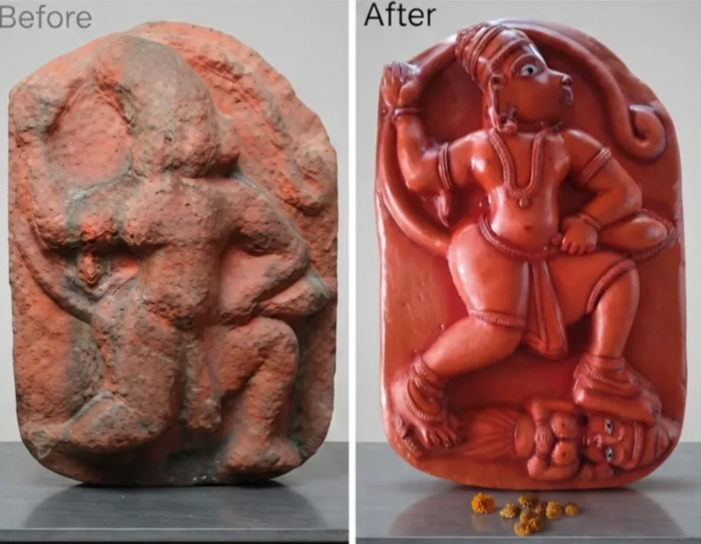 Vajralep restoration — before and after of a red stone Hanuman panel sculpture