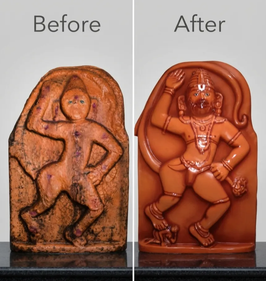 Vajralep restoration — before and after of a stone Hanuman relief sculpture