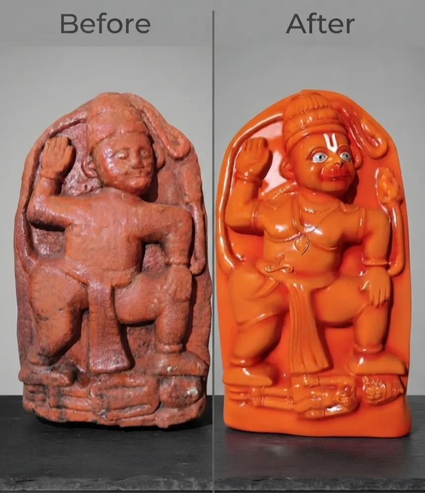 Vajralep restoration — before and after of a seated Hanuman stone panel sculpture