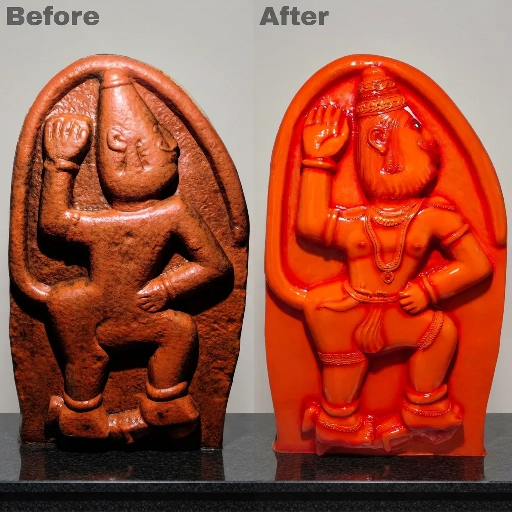 Vajralep restoration — before and after of a Hanuman relief sculpture