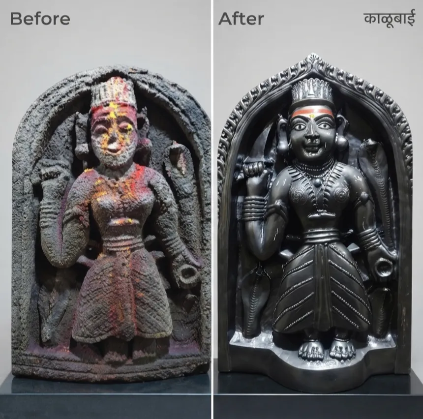 Vajralep restoration — before and after of a Devi Kalubai stone sculpture