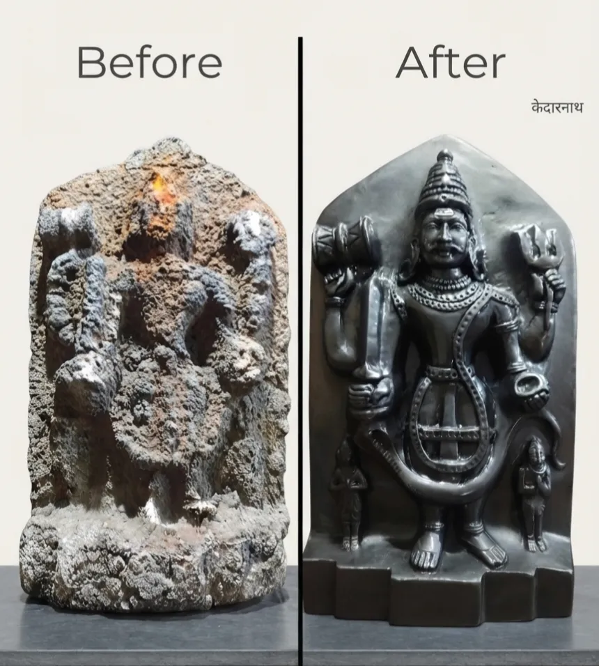 Vajralep restoration — before and after of a Lord Kedarnath stone sculpture