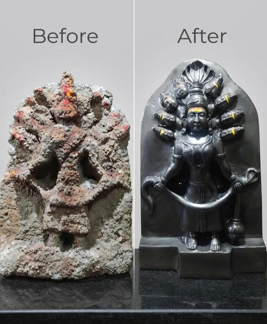 Vajralep restoration — before and after of a multi-hooded Naga deity stone sculpture