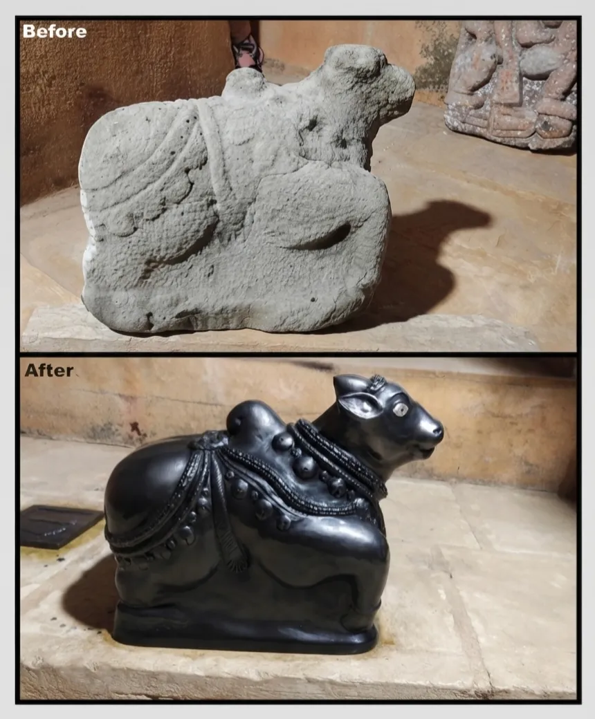 Vajralep restoration — before and after of a stone Nandi sculpture at a temple