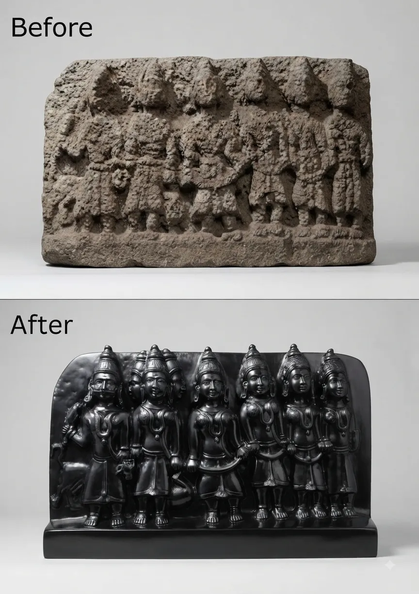 Vajralep restoration — before and after of a carved stone relief panel