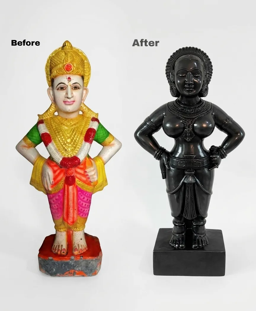 Vajralep restoration — before and after of a painted Devi Rukmini sculpture restored to a black stone finish