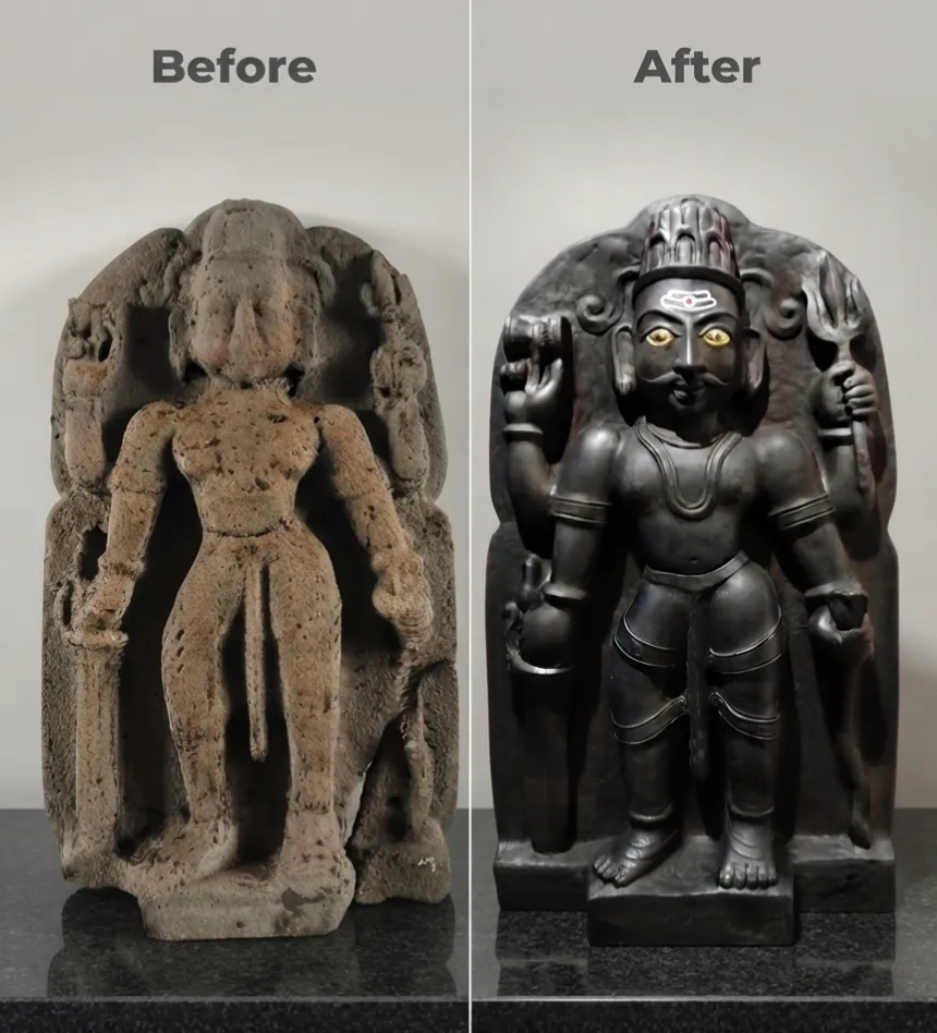 Vajralep restoration — before and after of a weathered sandstone deity sculpture