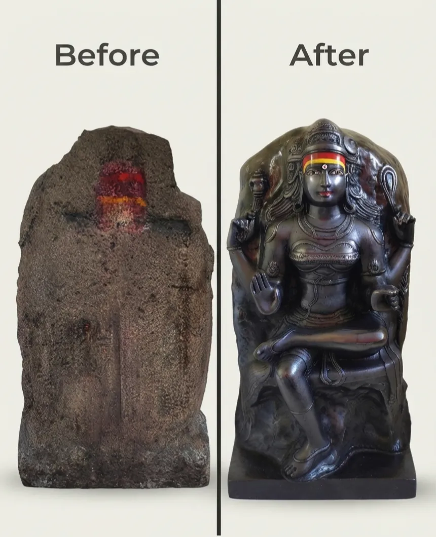 Vajralep restoration — before and after of a weathered stone seated Lord Shiva sculpture