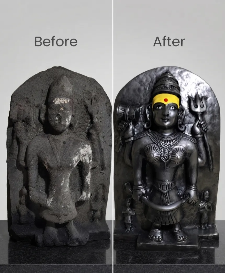 Vajralep restoration — before and after of a weathered stone deity sculpture holding a trident and sword