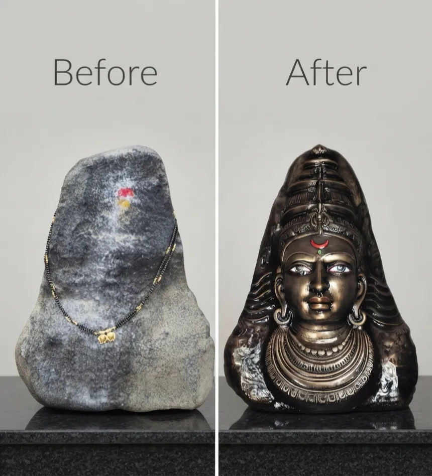 Vajralep restoration — before and after of a stone shivling transformed into a Lord Shiva bust