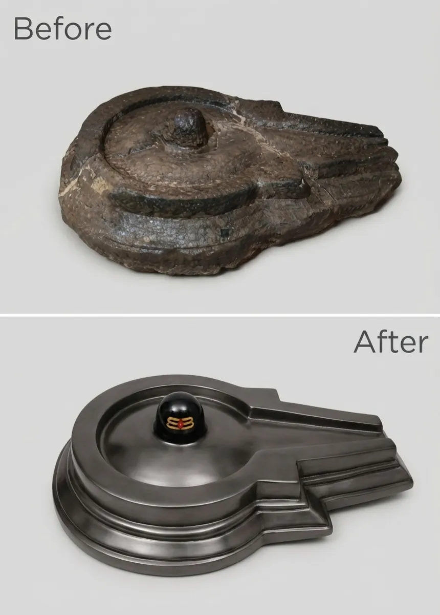 Vajralep restoration — before and after of a stone Shivling on a yoni pitha base