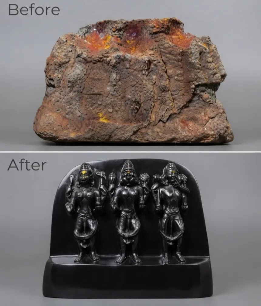 Vajralep restoration — before and after of a shapeless stone block restored into a panel of three standing deities