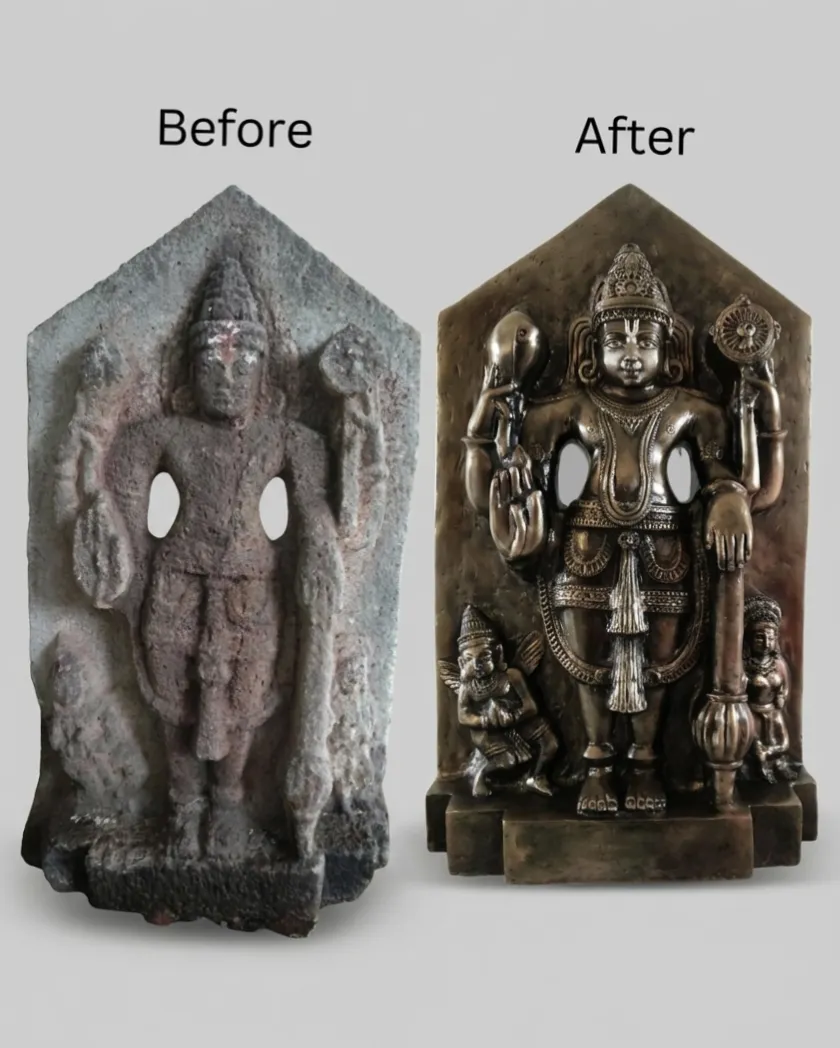 Vajralep restoration — before and after of a damaged stone Vishnu relief sculpture with attendant figures