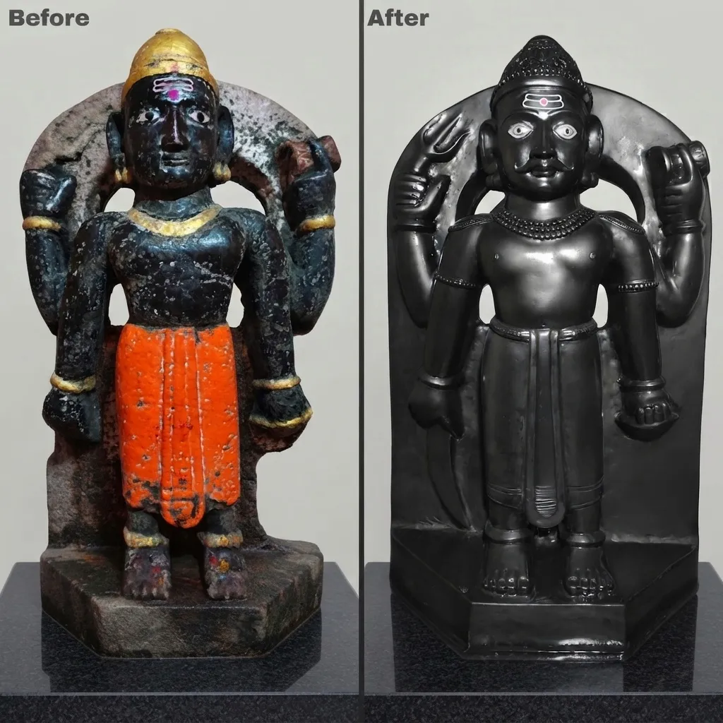 Vajralep restoration — before and after of a black stone Vishnu sculpture