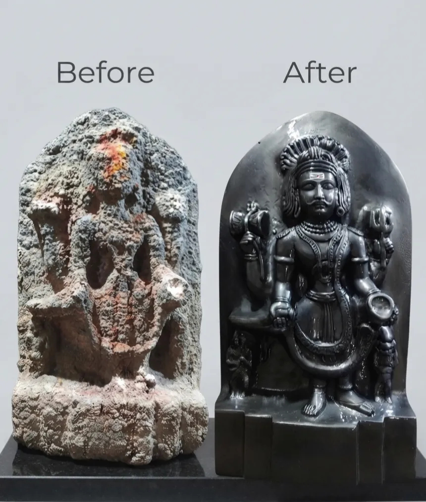 Vajralep restoration — before and after of a weathered stone Vishnu sculpture holding a conch and mace