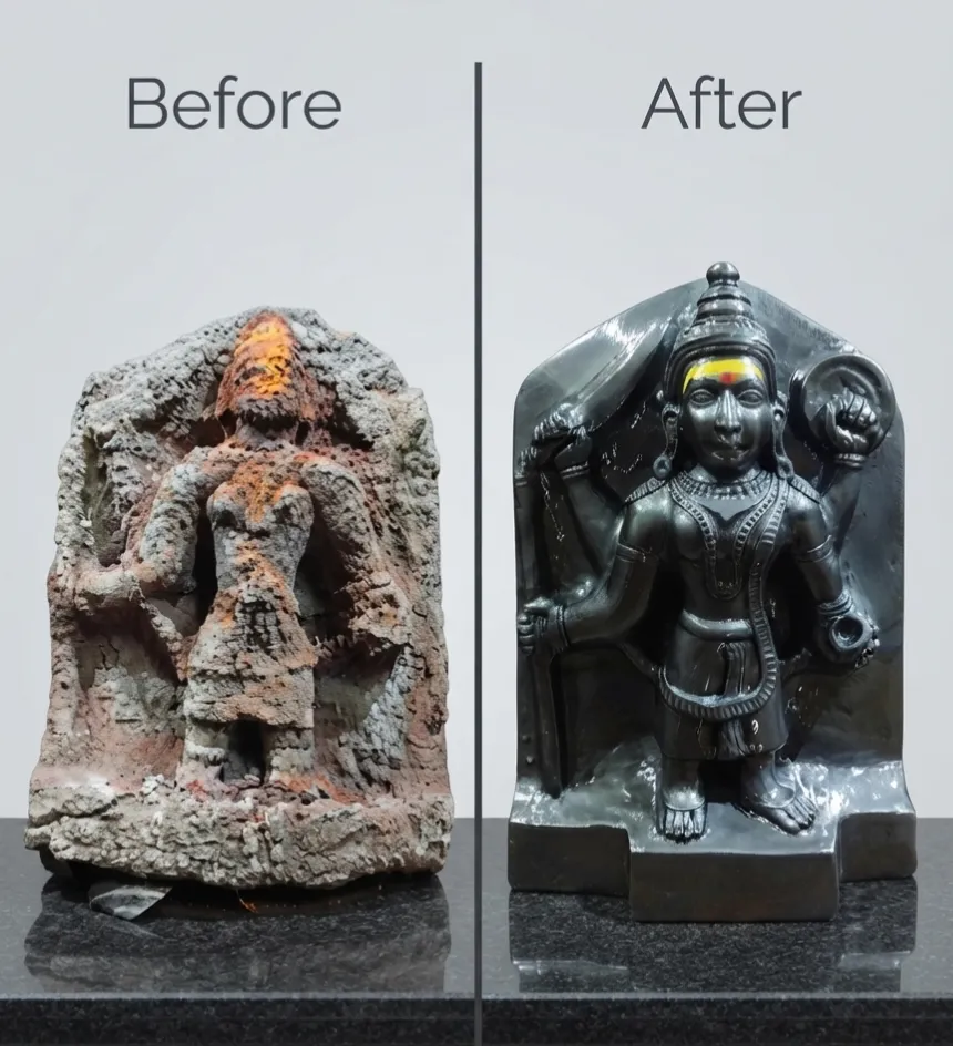 Vajralep restoration — before and after of a badly eroded stone Vishnu sculpture