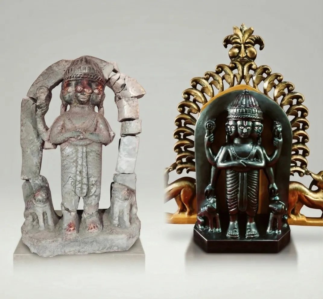 Vajralep restoration — before and after of a broken stone Vishnu sculpture rebuilt and mounted in a gilded shrine