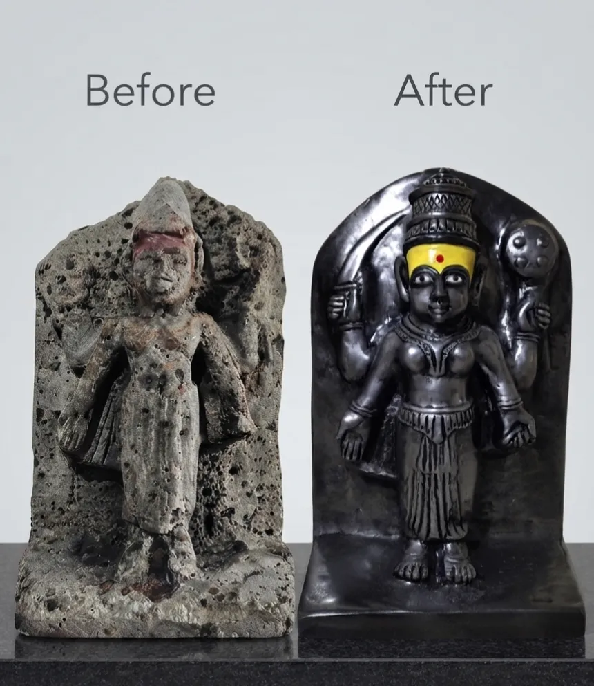 Vajralep restoration — before and after of a weathered stone Vishnu sculpture holding a disc and mace