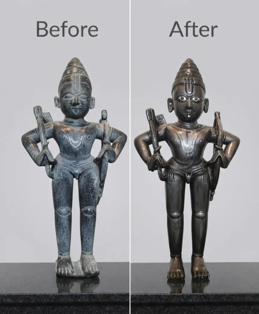 Vajralep restoration — before and after of a bronze Vitthal sculpture, hands resting on hips