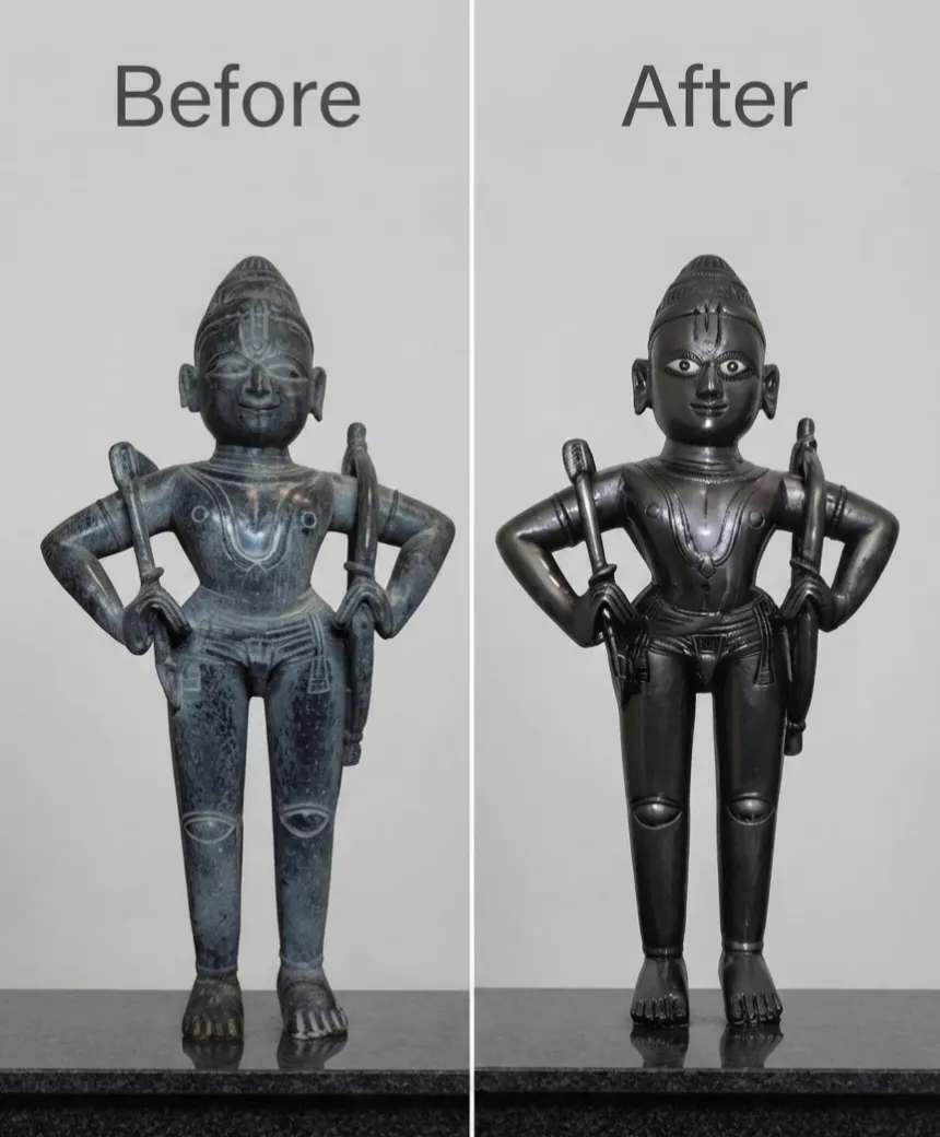 Vajralep restoration — before and after of a second bronze Vitthal sculpture, hands resting on hips