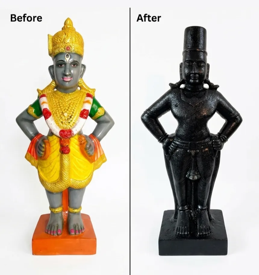 Vajralep restoration — before and after of a painted Lord Vitthal sculpture restored to a black stone finish