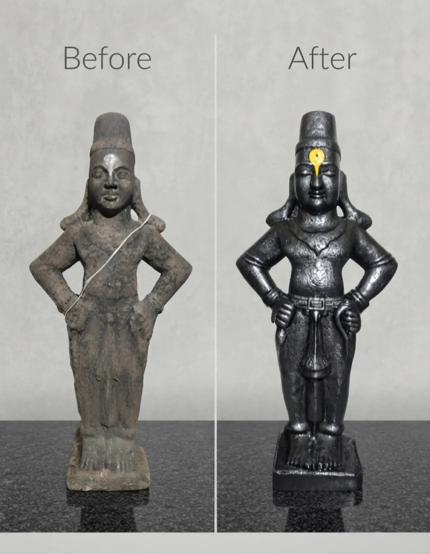 Vajralep restoration — before and after of a small stone Vitthal sculpture, hands resting on hips